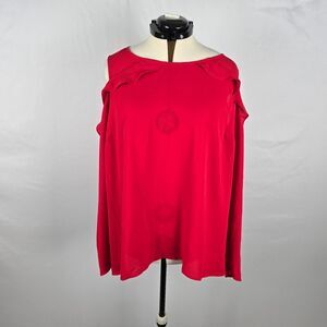Lane Bryant Blouse Women's 22 Red Long Cold Shoulder Sleeve Ruffles Sheer